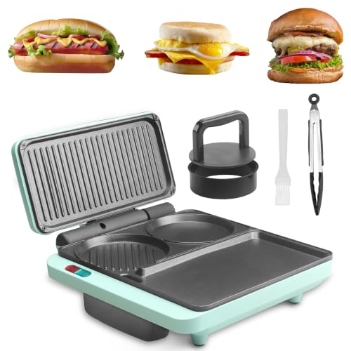 Baker's Friend Breakfast Sandwich Maker, Nonstick Electric Griddle & Grill Combo, 3 in 1 Breakfast Station, Make Egg Muffin Sandwiches Burgers Hot dogs & Pancakes, Includes Burger Press, Tong & Brush