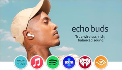 Amazon Echo Buds (newest model), True Wireless Bluetooth 5.2 Earbuds with Alexa, audio personalization, multipoint, 20H battery with charging case, fast charging, sweat resistant, Glacier White