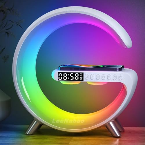 Smart LED Table Lamp, 4-in-1 Wireless Charger with Speaker, Night Light, Alarm Clock, and Bluetooth Speaker with App Control, Ideal Gifts for Home, Office, Christmas (White)