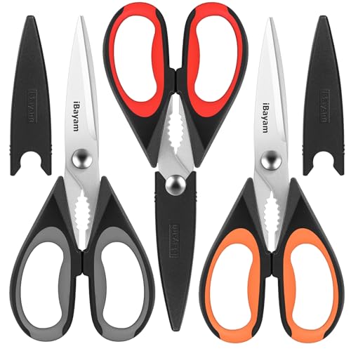 iBayam 3-Pack 8.5" Kitchen Scissors All Purpose Heavy Duty with Protective Sheath, Soft Grip Comfort Handle, Dishwasher Safe Kitchen Utensils Gadgets Set, Stainless Cooking Meat Poultry Food Shears