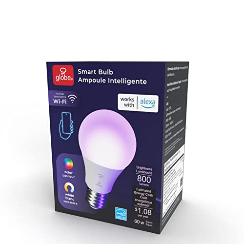 GLOBE Electric 50589 Color-Changing A19 LED Smart Light Bulb, 2.4 GHz Wi-Fi, 60W Equivalent 800LM, Works with Alexa Only, 1-Pack