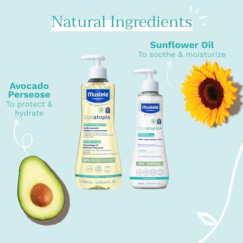 Mustela Stelatopia Eczema-Prone Skin Bath Time Gift Set - Family Skin Care Essentials - Natural Avocado & Sunflower Oil - EWG Verified - 2 Items Set - Stelatopia Cleansing Oil and Stelatopia+ Cream