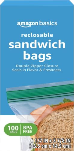 Amazon Basics Reclosable Double Zipper Sandwich Storage Bags for Food Storage, BPA Free, 100 Count