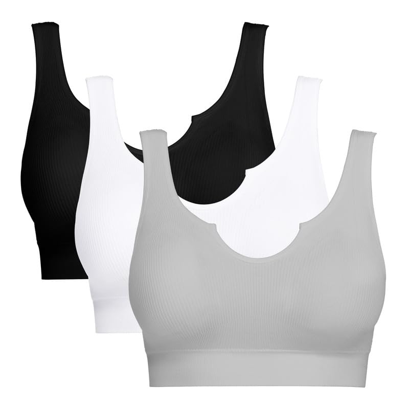 BESTENA 3 Pack Ribbed Sports Bras for Women Seamless Medium Support Workout Crop Tops with Removable Pads Yoga Exercise