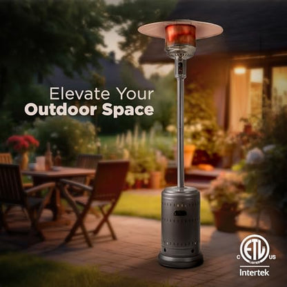 Amazon Basics 46,000 BTU Outdoor Propane Patio Heater with Wheels, Commercial & Residential, 13489.74 watts, Slate Gray, with water tank, 32.1 x 32.1 x 91.3 inches (LxWxH)
