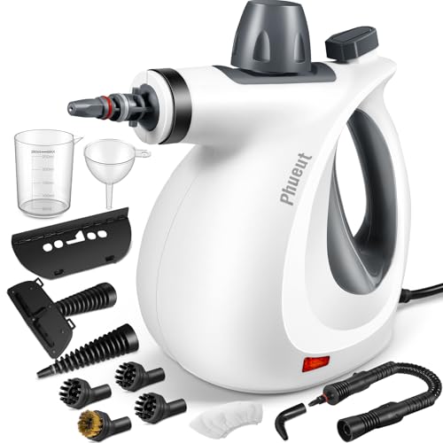 Phueut Pressurized Handheld Multi-Surface Natural Steam Cleaner with 12 pcs Accessories, Multi-Purpose Steamer for Home Use, Steamer for Cleaning Floor, Upholstery, Grout and Car (Grey)