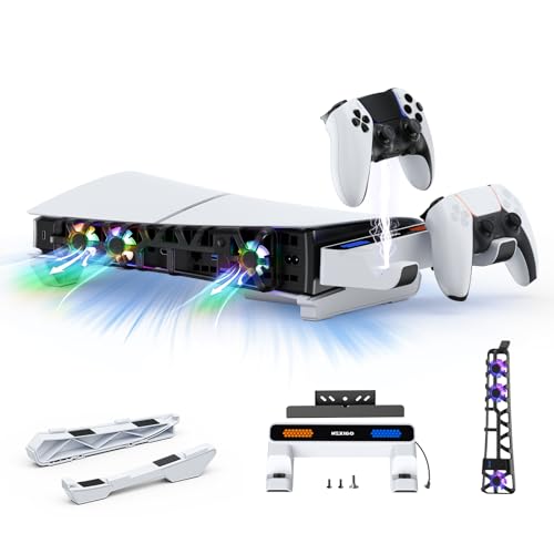 NexiGo Slim Horizontal Stand for PS5 with Charging Station for Dual_Sense&Dual_Sense Edge Controllers,Silent Cooling Fan w/Intelligent Temperature Control, LED Indicators, White