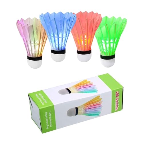 ZHENAN Glow in The Dark Badminton Birdies 4PCS,Goose Feather LED Badminton Shuttlecocks for Family Backyards Practice,Long Lasting Light Up Birdie Balls Set for Indoor Outdoor Sports Activities