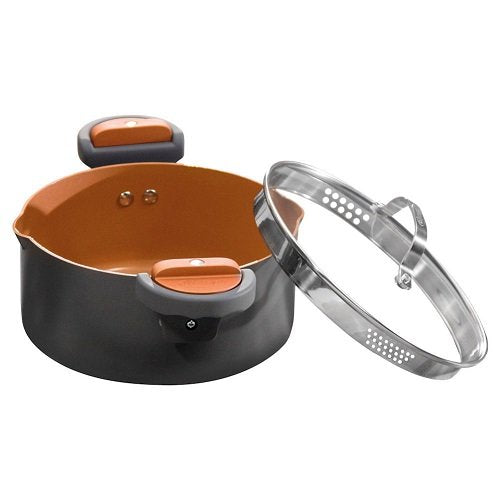 GOTHAM STEEL 5 Qt Ceramic Stock Pot Multipurpose Pasta Pot with Strainer Lid & Twist and Lock Handles, Nonstick Ceramic Pot for Soup, Spaghetti, Rice, Pots for Kitchen, Dishwasher Safe - Copper