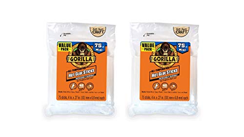 Gorilla Hot Glue Sticks, Clear Glue, Mini Size 4" Long x 0.27" Diameter, 75 Count (Pack of 2) - Safe for All Temperatures with Extended Working Time