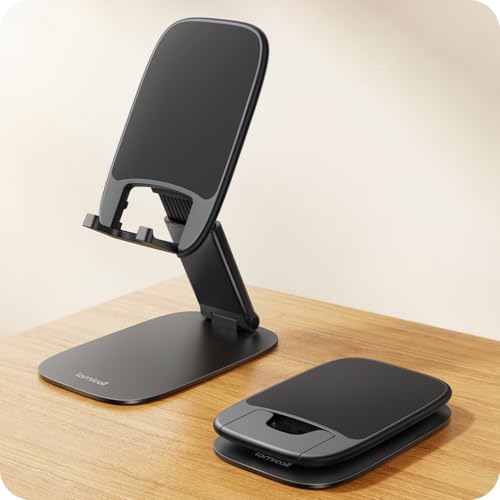 Lamicall Ultra-Thin Phone Stand for Desk, Foldable Cell Phone Holder Height Adjustable, Sturdy Weighted Base, Thick Case Friendly for Gaming Office, Fit iPhone 17 16 15 Pro Max, Galaxy S26, Switch