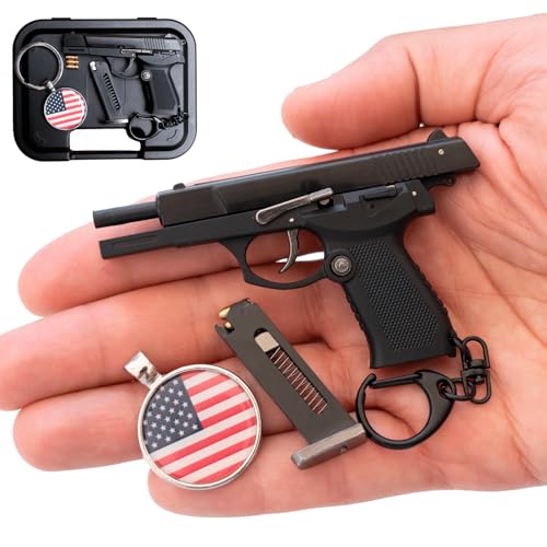 Drovier Gun Keychain - Mini Gun Keychain - Fully Metal with bullets + As Gift: American Flag - Pistol Key