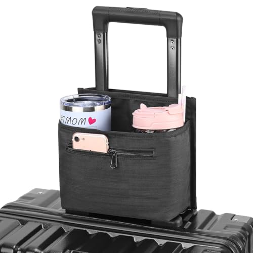 ZHCHG Luggage Travel Cup Holder Attachment for Suitcase Drink Carrier Caddy, Coffee Mug and Tumblers, Traveler Carry on Hands Free Accessory- Gifts for Flight Attendants Travelers Accessories- Black
