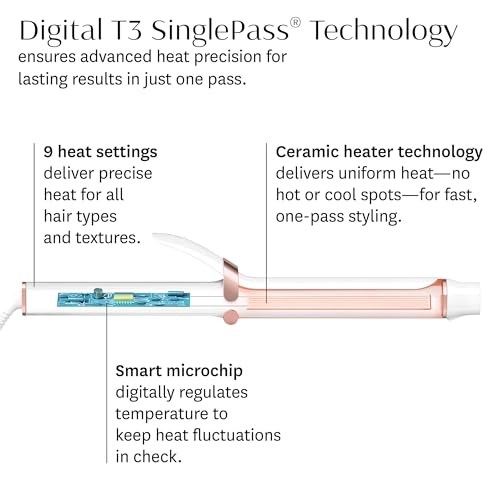 T3 SinglePass Curl X Extra-Long Barrel Curling Iron with 9 Heat Settings and Ceramic Barrel for Fast Styling and Lasting Results on All Hair Types