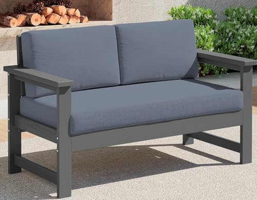SERWALL Grey HDPE Outdoor Loveseat with Grey Cushions