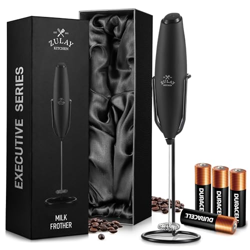 Zulay Kitchen Executive Series Milk Frother Wand - Upgraded Improved Stand - Coffee Frother Handheld Foam Maker For Lattes - Electric Milk Frother Handheld For Cappuccino