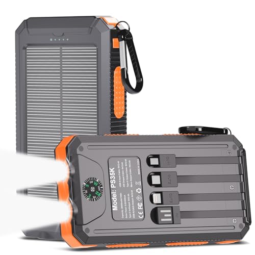 GULLVEN Solar Power Bank 20000mAh, Portable Phone Charger, 4 Cables Outdoor Waterproof External Backup Power Charger with USB-C for Cell Phones, Solar Battery Pack with Dual Flashlight for Camping