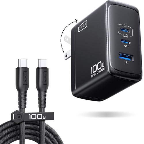 INIU 100W USB C Charger, 3-Port GaN Fast Charging Block with 5ft USBC Cable