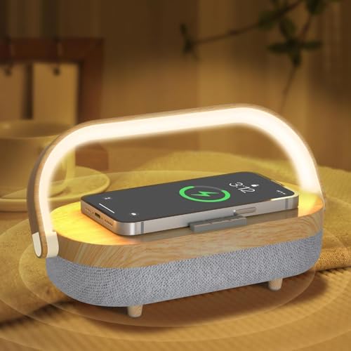 iGaur Nightstand Lamp with Wireless Charger,4 in 1 Touch Bedside Lamp Bluetooth Speaker,Portable Dimmable LED Night Light,Corporate Gifts Premium for Employees Clients,Birthday Gifts Women Wife Friend