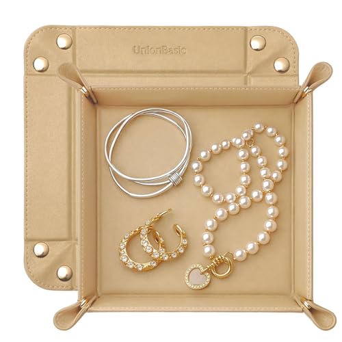 UnionBasic Small Jewelry Tray for Rings Watches Earrings, Entryway Catchall Caddy for Coins Keys Change, Nightstand Bedside Valet Holder, Trays for Electronic Gadgets,Milktea