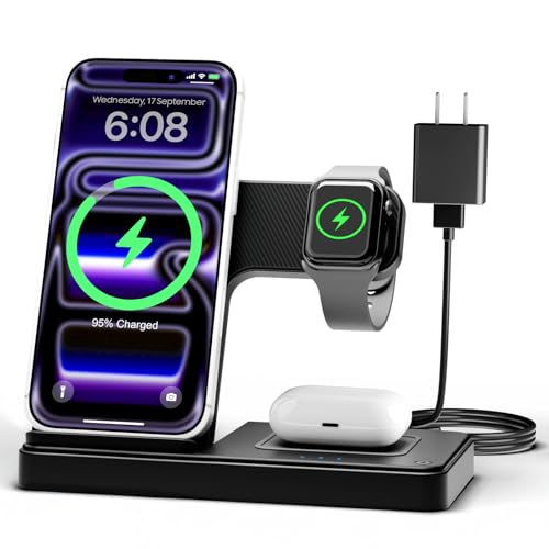 Wireless Charger iPhone Charging Station: 3 in 1 Charger Stand Multiple Devices for Apple iPhone 17 16e 16 15 14 Pro Max 13 12 11 - Watch Series - Airpods 4 3 Pro