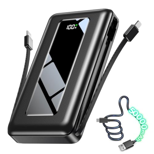 50000mAh Portable Charger Power Bank, Fast Charging with Built in Cables | Ultra-High Capacity, Travel Essential, Charge 4 Devices, Flashlight, for iPhone 17/16/15 Series, Samsung, iPad & Laptops