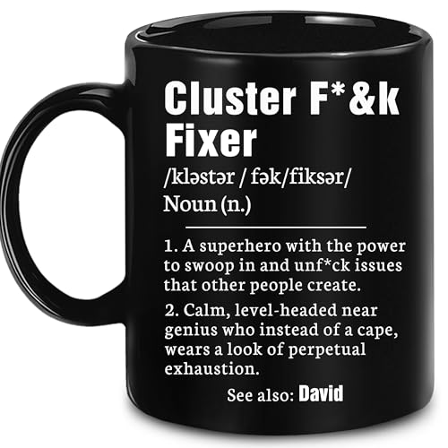 WHIDOBE Personalized Cluster Fixer Mug - Humorous Office Mug For Coworker - Customized Coffee Cup With Name - Christmas Birthday Gifts For Sister Brother Friend Boss Coworker Problem Solver
