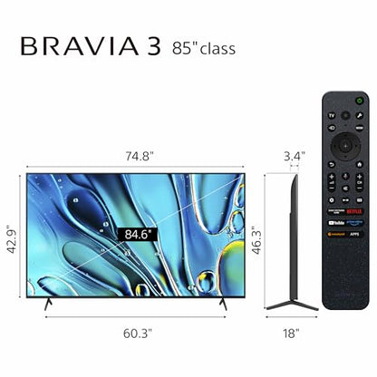 Sony 85-Inch Class 4K Ultra HD BRAVIA 3 LED Smart TV with Google TV, Dolby Vision HDR, and Exclusive Features for PlayStation®5 (K-85S30), 2024 Model