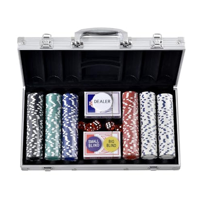 VEVOR Poker Set, 300-Piece Complete Poker Playing Game Set for Texas Hold'em, Blackjack, Gambling, Poker Chip Set with Aluminum Carrying Case, 11.5 Gram Casino Chips, Cards, Buttons and Dices