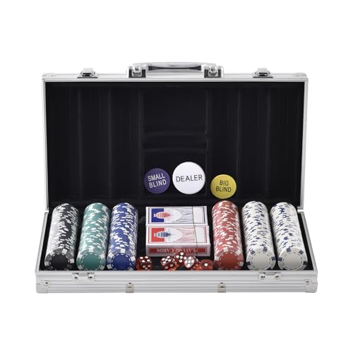 VEVOR Poker Set, 300-Piece Complete Poker Playing Game Set for Texas Hold'em, Blackjack, Gambling, Poker Chip Set with Aluminum Carrying Case, 11.5 Gram Casino Chips, Cards, Buttons and Dices