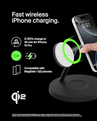Belkin MagSafe-Compatible Charger, 3-in-1 Wireless Charging Station, Qi2-Certified 15W Wireless Charge for Apple iPhone 16 Series, Apple Watch, AirPods w/Non-Slip Base, 40W Included - Black