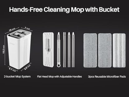 JOYMOOP Mop and Bucket with Wringer Set for Home, Flat Mop and Bucket System, Mops for Floor Cleaning and Wall Cleaner, with 3 Reusable Microfiber Mop Pads