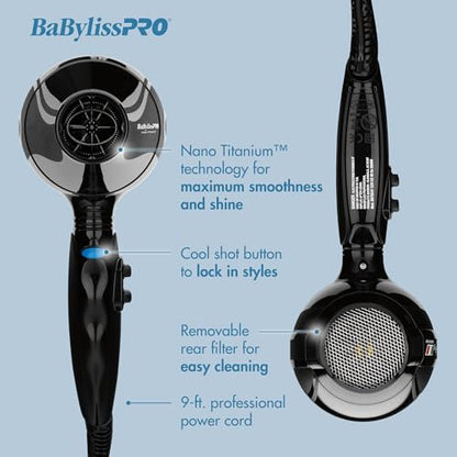 BaBylissPRO Hair Dryer, Nano Titanium Portofino 2000-Watt Blow Dryer, Hair Styling & Appliances, Blue, BNTB6610N