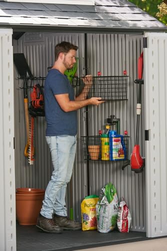 Rubbermaid Resin Outdoor Storage Shed With Floor (7 x 7 Ft), Weather Resistant, Gray, Organization for Home/Backyard/Garden Tools/Lawn Mower/Bike Storage/Pool Supplies