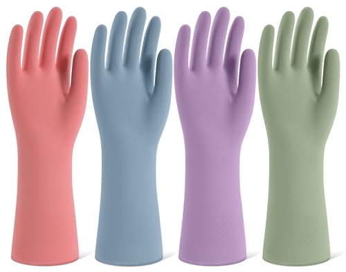 Rubber Cleaning Gloves for Dishwashing, 4 Pairs Reusable Kitchen Gloves for Washing Dishes and Household Cleaning, Colorful Dish Gloves with Flocked Lining and Non-Slip Grip, Perfect for Woman Men - L