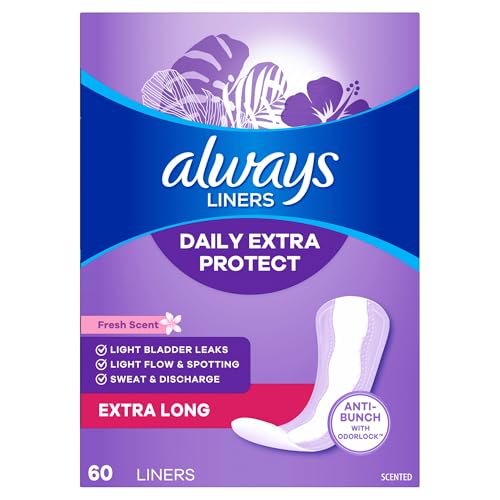 Always Daily Extra Protect Liners, Extra Long Length, Scented Panty Liners, Feel Clean and Comfortable for up to 10 Hours, 60 Count (Packaging May Vary)