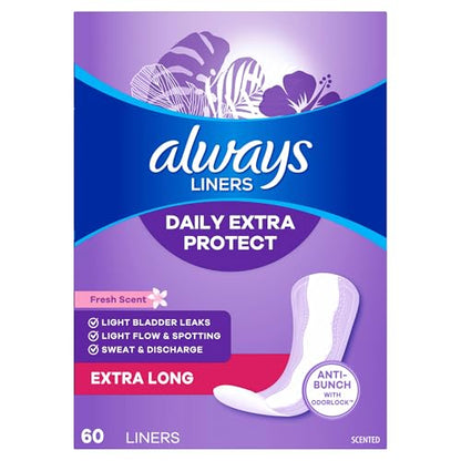 Always Daily Extra Protect Liners, Extra Long Length, Scented Panty Liners, Feel Clean and Comfortable for up to 10 Hours, 60 Count (Packaging May Vary)