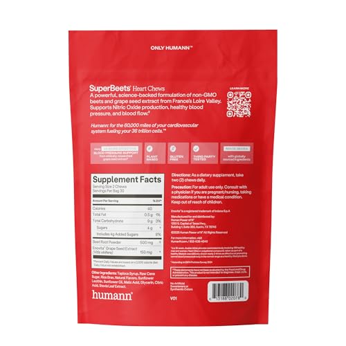 Humann SuperBeets Heart Chews, Nitric Oxide and Blood Pressure Support, Grape Seed Extract & Non-GMO Beet Root Powder Energy Supplement, Pomegranate Berry Flavor, 60 Count