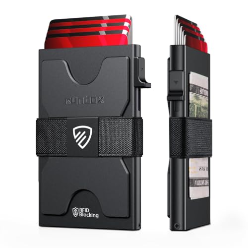 RUNBOX Slim Wallet for Men, RFID Aluminum Pop-Up Card Holder for 12 Cards | Minimalist Front Pocket Design, Elastic Cash Strap, RFID Protection, Gift for Men on Birthdays, Father's Day, and Christmas