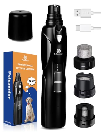 Petsaunter Dog Nail Grinder, 2-Speed and LED Light, Touch-Switch, TypeC, Quiet and Low-Vibration Dog Nail Trimmers, and 3 Ports for Large Dogs, Medium, Small Dogs Cats Pets with Hard or Thick Nail