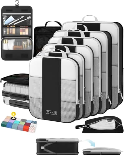 10 Set Compression Packing Cubes for Travel Essentials, Compressible Expandable Packing Cubes for Suitcase, OlarHike Luggage Garment Bags for Travel, Handy Helper for Organizing Clothes (Black)