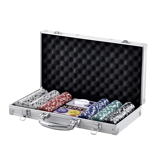 VEVOR Poker Set, 300-Piece Complete Poker Playing Game Set for Texas Hold'em, Blackjack, Gambling, Poker Chip Set with Aluminum Carrying Case, 11.5 Gram Casino Chips, Cards, Buttons and Dices