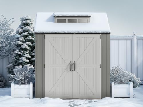 Rubbermaid Resin Outdoor Storage Shed With Floor (7 x 7 Ft), Weather Resistant, Gray, Organization for Home/Backyard/Garden Tools/Lawn Mower/Bike Storage/Pool Supplies