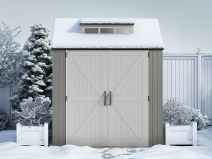 Rubbermaid Resin Outdoor Storage Shed With Floor (7 x 7 Ft), Weather Resistant, Gray, Organization for Home/Backyard/Garden Tools/Lawn Mower/Bike Storage/Pool Supplies