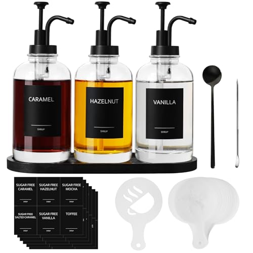 ALPIRIRAL Coffee Syrup Dispenser, 16.9 fl oz Syrup Dispenser with Pump, Glass Coffee Bar Accessories for Coffee Bar, Syrup Dispenser for Coffee Station with Labels&Spoons&Coffee Art Pen, 3 Pack