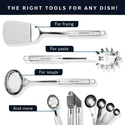 Home Hero 54-Piece Stainless Steel Kitchen Utensils Set - Heat-Resistant Nonstick Silicone & Stainless Steel Cooking Utensils - Complete Tools with Slotted Spoon & Pasta Spoon - Pack of 54, Silver
