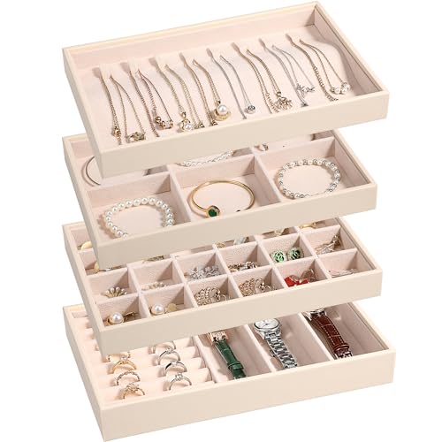 LANDICI 4-Piece Stackable PU Leather Jewelry Organizer Trays, Apricot
