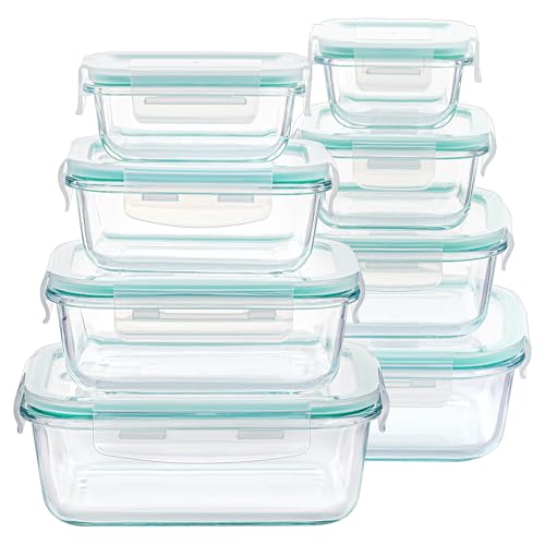 Vtopmart 8 Pack Glass Food Storage Containers with Lids Green | Meal Prep Lunch Containers, Leakproof, Leftover Storage, Take-out, Microwave, Oven, Freezer and Dishwasher Safe, BPA Free