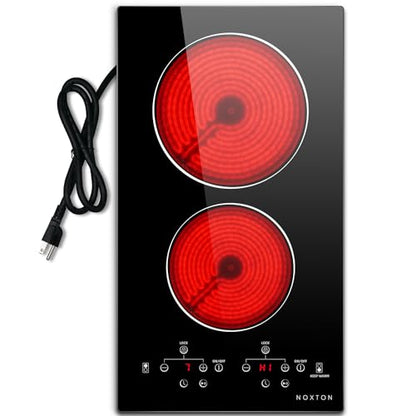 Noxton 110V Electric Cooktop 2 Burners, 12 Inch Electric Stove,Counter top Burner & Built-in Ceramic Stovetop, Sensor Touch Control Timer, Child Safety Lock, High Temperature Warning
