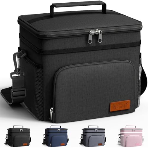 HOTOR Insulated Lunch Box for Men & Women - Leak-Proof Cooler Lunch Bag with 4 Pockets, Adjustable Strap, Ideal for Work, Picnic, Travel - Medium, Black, 10.2"x6.9"x8.5"